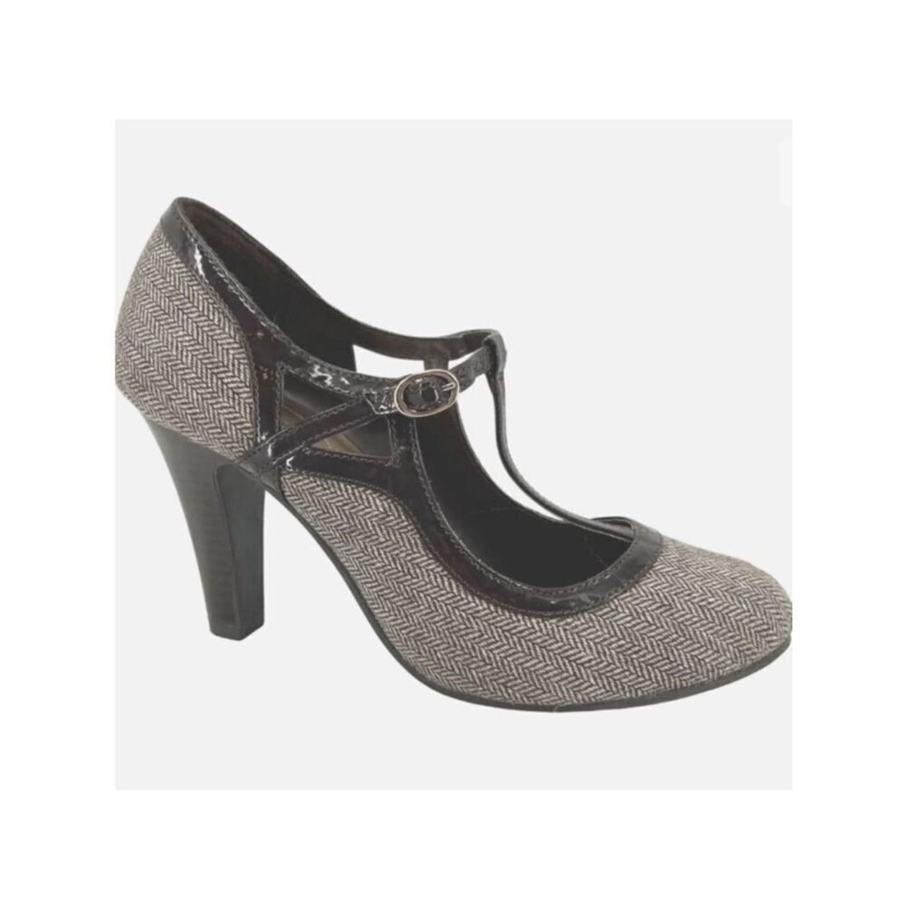 dexflex comfort Grey Herringbone T-Strap Heels Black Trim size 8.5 fits small